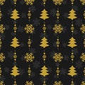 Vector seamless Christmas pattern with golden christmas trees and snowflakes on black background. Royalty Free Stock Photo